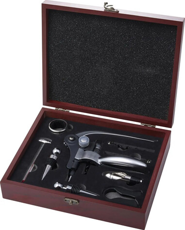 Set vino 9 piezas en caja de madera