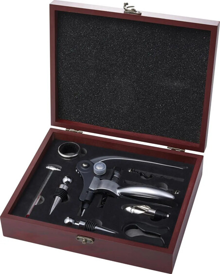 Set vino 9 piezas en caja de madera