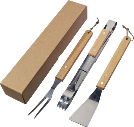 Set BBQ inox con mangos de madera