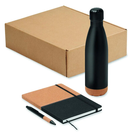 Set regalo 3 piezas botella acero libreta bolígrafo