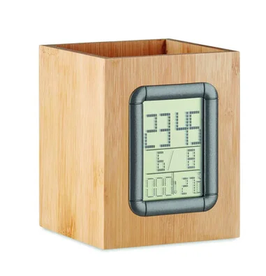 Portabolígrafos bambú con reloj y termómetro