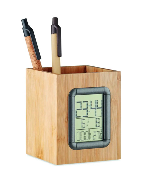 Portabolígrafos bambú con reloj y termómetro