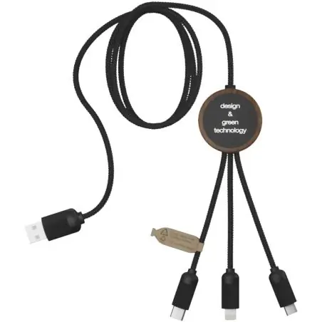 Cable de carga 3 en 1 extendido de PET reciclado con logotipo retroiluminado y estuche redondo de bambú Ecológica Personalizada 