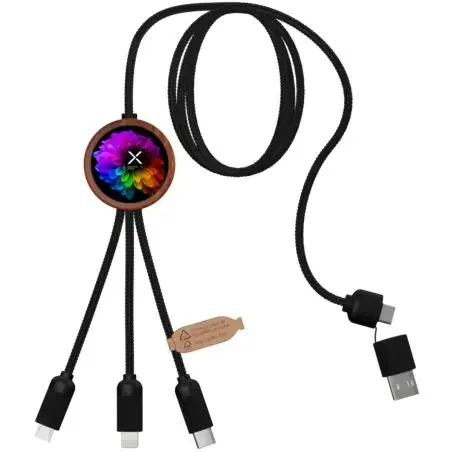 Cable de carga de 40 W 5 en 1 de PET reciclado con logo retroiluminado y estuche redondo de madera Ecológica Personalizada 62PX0