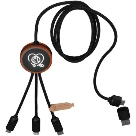 Cable de carga de 40 W 5 en 1 de PET reciclado con logo retroiluminado y estuche redondo de madera Ecológica Personalizada 62PX0