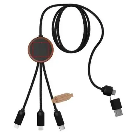 Cable de carga de 40 W 5 en 1 de PET reciclado con logo retroiluminado y estuche redondo de madera Ecológica Personalizada 62PX0