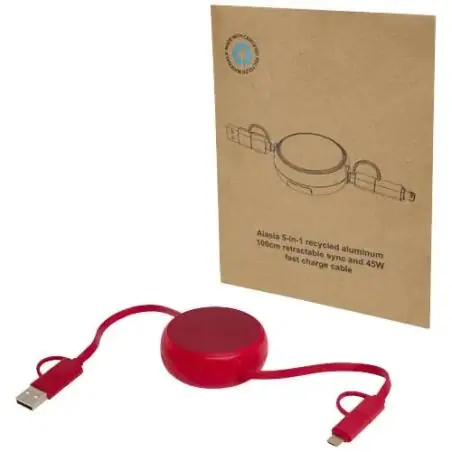 Cable retráctil 5 en 1 de 100 cm de plástico reciclado y aluminio para sincronización de datos y carga rápida de 45 W "Alasia Ec