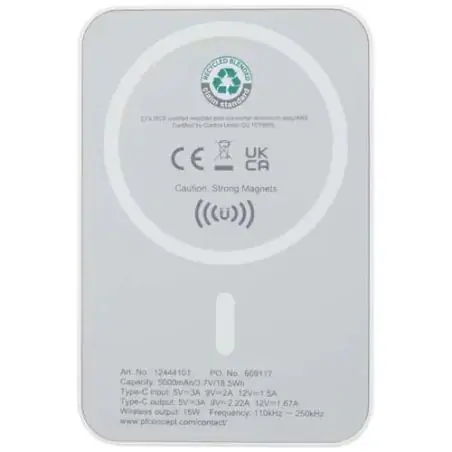 Batería externa inalámbrica magnética de 5000 mAh y 15 W con PD de 20 W fabricada con plástico reciclado Ecológica Personalizada
