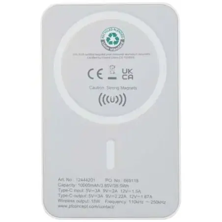 Batería externa inalámbrica magnética de 10 000 mAh y 15 W con PD de 20 W fabricada con plástico reciclado Ecológica Personaliza