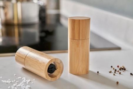 Set 2 molinillos especias bambú cerámica caja kraft
