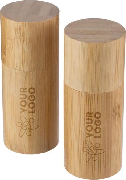 Set 2 molinillos especias bambú cerámica caja kraft
