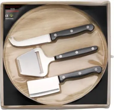 Tabla madera quesos 3 utensilios caja regalo