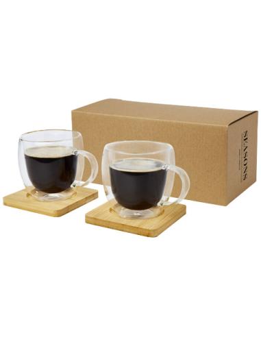 Dos tazas de vidrio de doble pared de 250 ml con posavasos de bambú personalizado ADDO