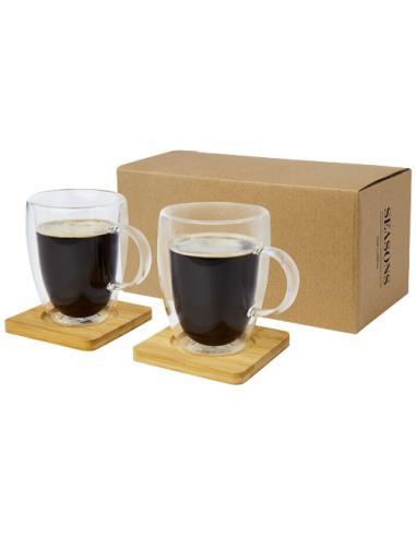 Dos tazas de vidrio de doble pared de 350 ml con posavasos de bambú personalizado ARBO