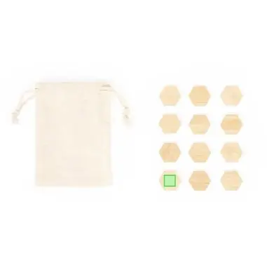 Set de 12 imanes de bambú FSC pentagonales bolsa algodón