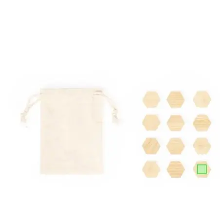 Set de 12 imanes de bambú FSC pentagonales bolsa algodón