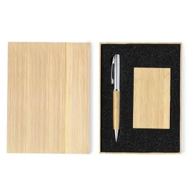 Set bolígrafo tarjetero bambú metal caja diseño bambú