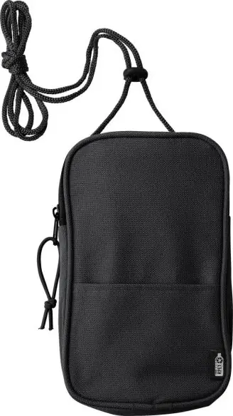 Bandolera rPET 600D cordón cuello hombro muñeca etiqueta