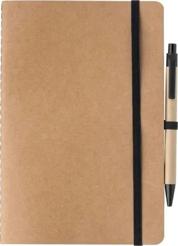 Cuaderno cartón reciclado A5 120p FSC bolígrafo cartón paja