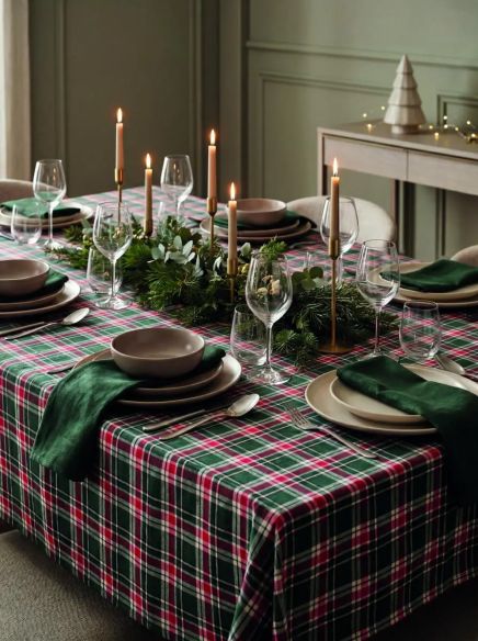 Set de mantel de algodón a cuadros con 4 servilletas