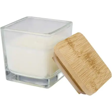 Vela cuadrada en soporte de vidrio con tapa de bambú Ecológica Personalizada 6126354