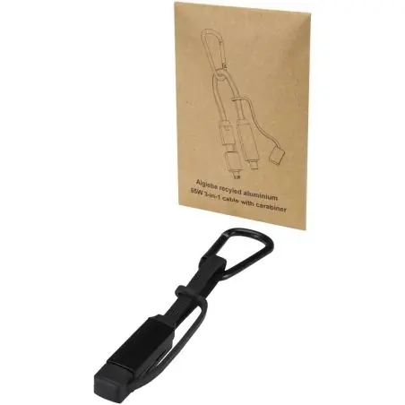 Cable de carga Algieba de 65 W, 3 en 1, de aluminio reciclado con mosquetón Ecológica Personalizada 6124497
