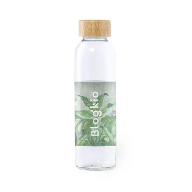 Bidón cristal 500 ml tapón bambú rosca libre BPA caja kraft