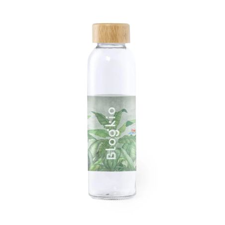 Bidón cristal 500 ml tapón bambú rosca libre BPA caja kraft