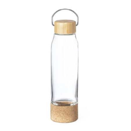 Bidón de cristal 470 ml con corcho, bambú y mosquetón