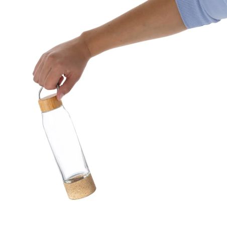 Bidón de cristal 470 ml con corcho, bambú y mosquetón