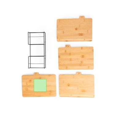 Set 4 tablas corte bambú talladas cesta metálica kraft