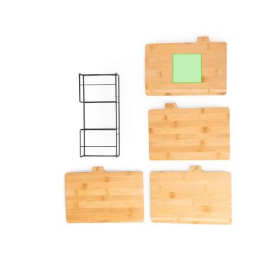 Set 4 tablas corte bambú talladas cesta metálica kraft