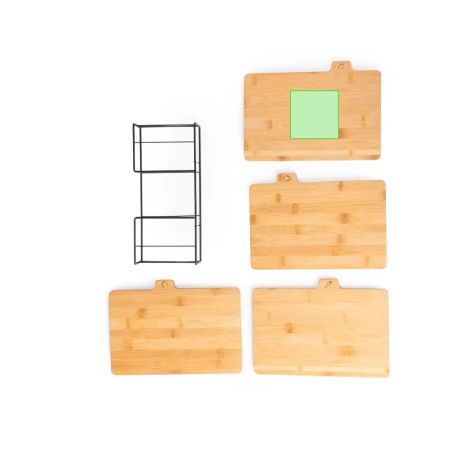 Set 4 tablas corte bambú talladas cesta metálica kraft