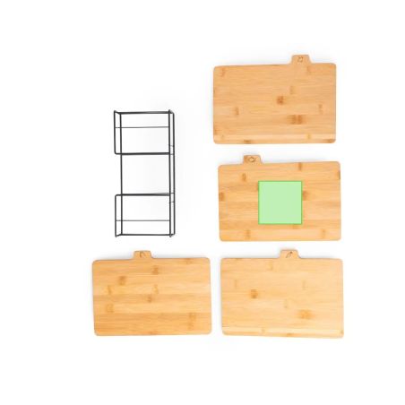Set 4 tablas corte bambú talladas cesta metálica kraft