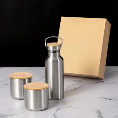 Set bidón vasos acero inox bambú 500 ml 2x300 ml kraft