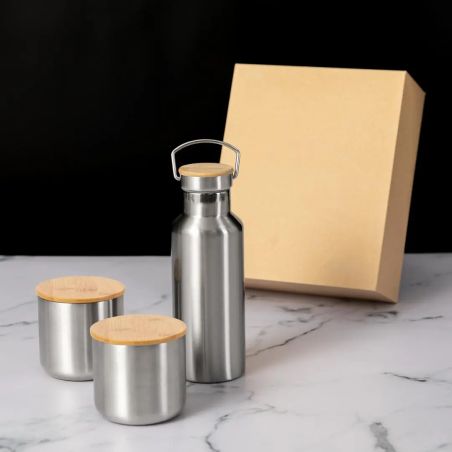 Set bidón vasos acero inox bambú 500 ml 2x300 ml kraft