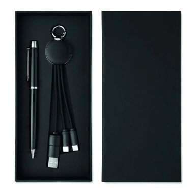 Set regalo bolígrafo giratorio metálico y llavero cargador