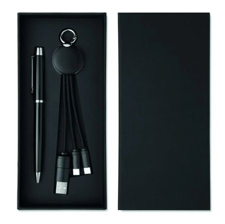 Set regalo bolígrafo giratorio metálico y llavero cargador
