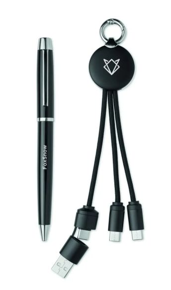 Set regalo bolígrafo giratorio metálico y llavero cargador