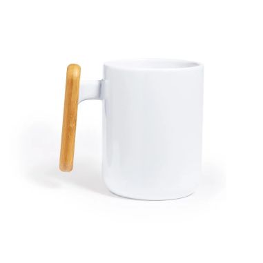 Taza cerámica 480 ml asa bambú caja kraft blanco LFGB FSC