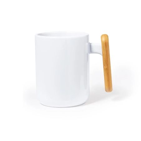 Taza cerámica 480 ml asa bambú caja kraft blanco LFGB FSC