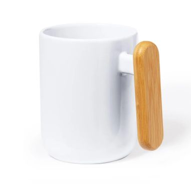 Taza cerámica 480 ml asa bambú caja kraft blanco LFGB FSC