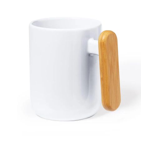 Taza cerámica 480 ml asa bambú caja kraft blanco LFGB FSC