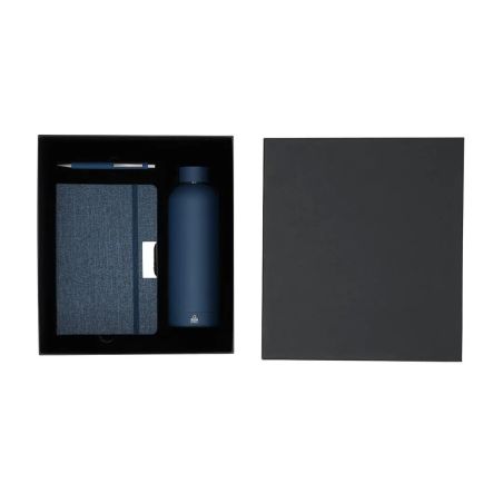 Set bloc RPET bolígrafo aluminio reciclado bidón acero inox