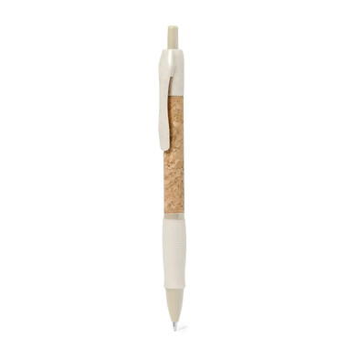 Bolígrafo corcho caña trigo ABS pulsador tinta azul 14.5cm