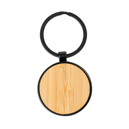 Llavero de metal negro y bambú FSC rectangular o circular