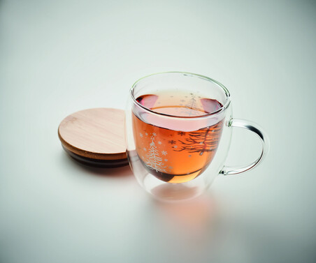 Taza borosilicato doble pared tapa bambú FSC 220 ml árbol
