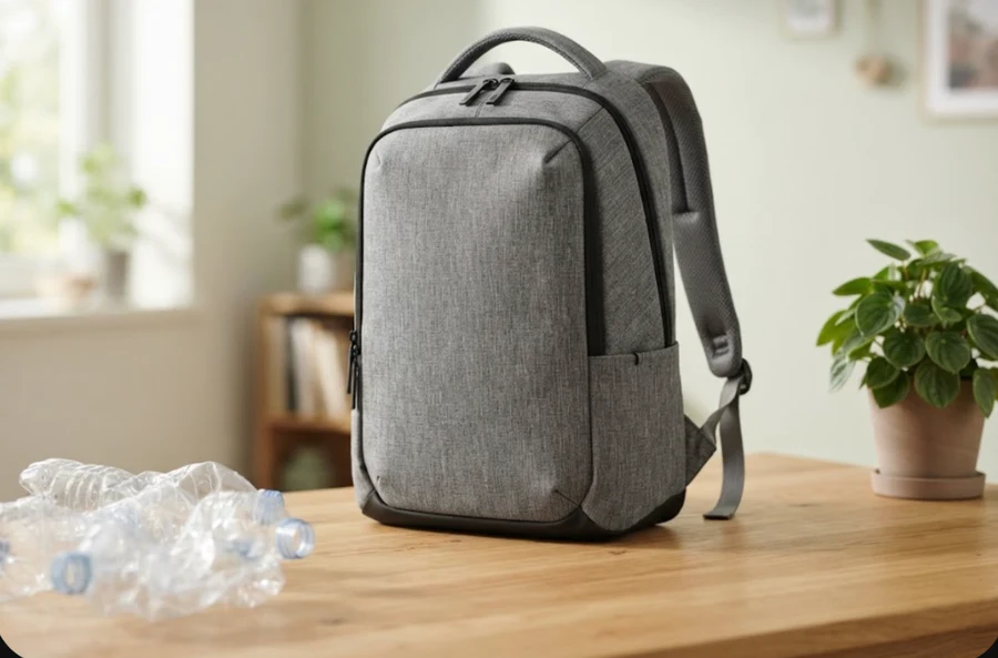 Mochila de rPET reciclado sobre una mesa de madera junto a botellas de plastico recicladas