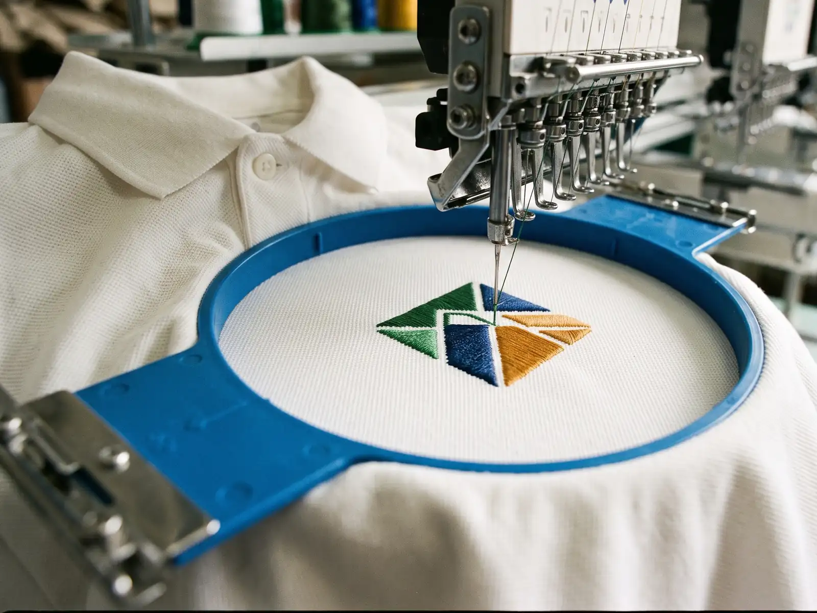 Bordado de un logo sobre un polo con bastidor y máquina multiaguja