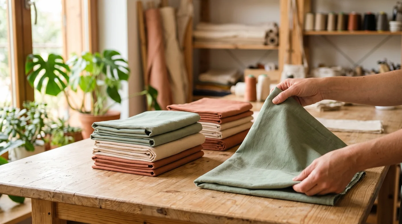 Muestras de tela de algodón orgánico teñidas en tonos suaves sobre una mesa de taller textil, revisadas a mano antes de la certificación AZO Free